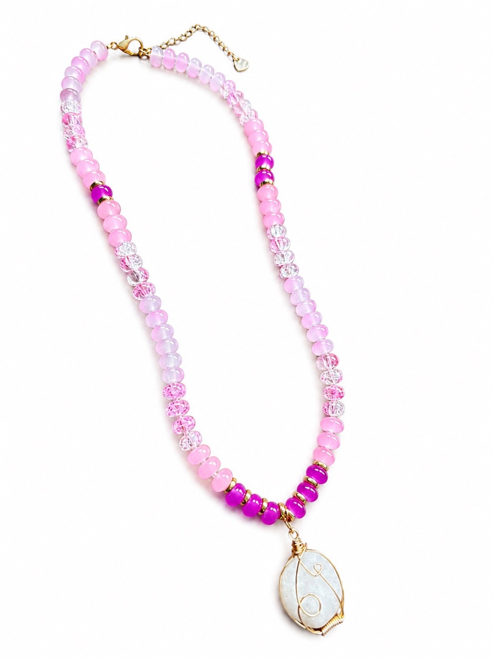 Hand Crafted Pink Beaded Necklace with White Pendant and Gold Accents